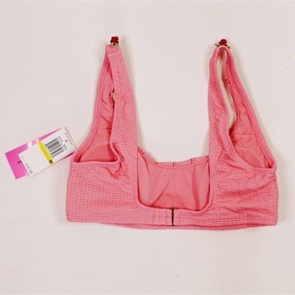 Betsey Johnson Pink Ribbed Scrunch Knit Rosette Bikini Top - Picture 4 of 6